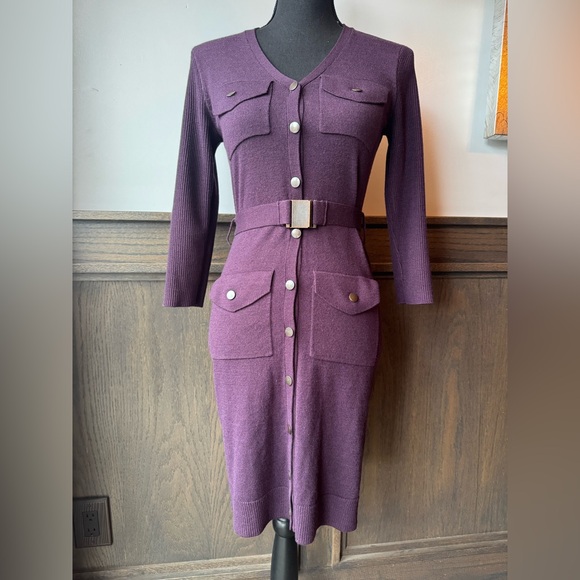 New York & Company Dresses & Skirts - New York & Company purple button front belted sweater dress EUC XS